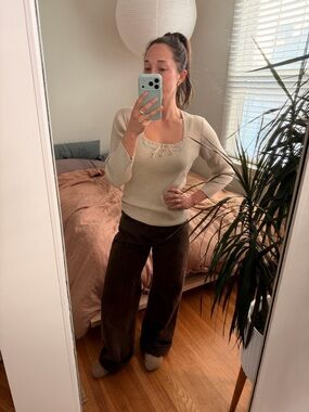 Ralph Lauren Cream Lace-Trim Ribbed Scoop-Neck Long Sleeve Top